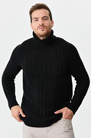 Desen Triko Erkek Balıkçı Yaka Saç Örgülü Yün Kazak 0242589 Siyah