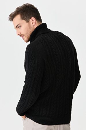 Desen Triko Erkek Balıkçı Yaka Saç Örgülü Yün Kazak 0242589 Siyah