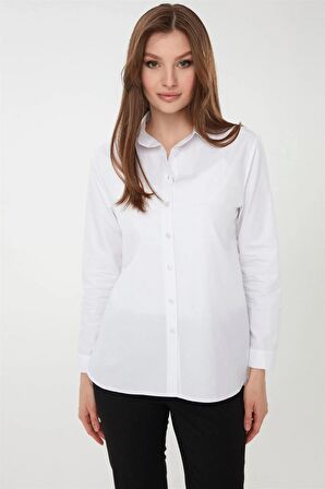 Desen Düz Yaka Uzun Kollu Beyaz Kadın Gömlek DSN22805