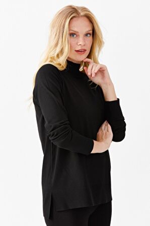 Desen Triko Kadın Yarım Balıkçı Yaka Yanları Yırtmaçlı Kazak 02422305 Siyah