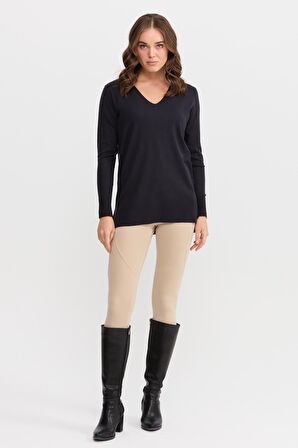 Desen Triko Kadın V Yaka Önü Arkası Yırtmaçlı Kazak 22364 Lacivert