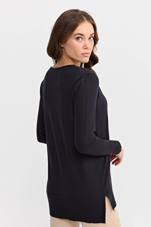 Desen Triko Kadın V Yaka Önü Arkası Yırtmaçlı Kazak 22364 Lacivert