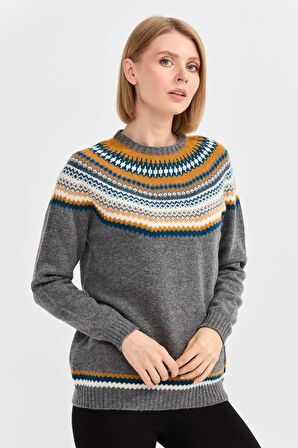 Desen Triko Kadın Sıfır Yaka İşleme Desenli Yün Kazak 0242086 Füme