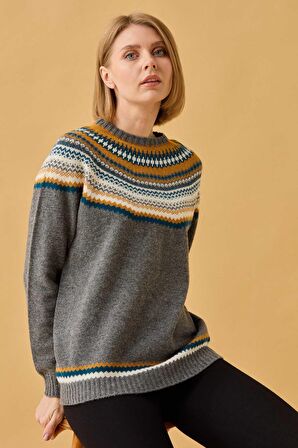 Desen Triko Kadın Sıfır Yaka İşleme Desenli Yün Kazak 0242086 Füme