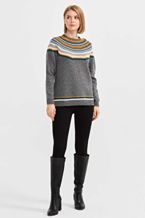 Desen Triko Kadın Sıfır Yaka İşleme Desenli Yün Kazak 0242086 Füme