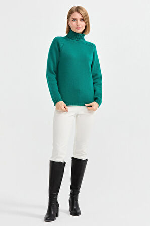 Desen Triko Kadın Tam Balıkçı Yaka Omzu Saç Örgülü Yün Kazak 22097 Yeşil