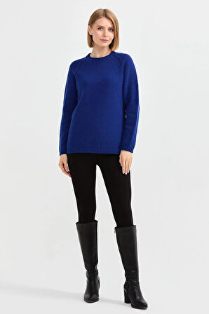 Desen Triko Kadın Sıfır Yaka Omzu Saç Örgülü Yün Kazak 22096 Saks