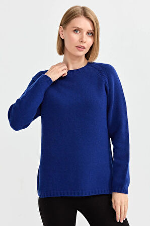 Desen Triko Kadın Sıfır Yaka Omzu Saç Örgülü Yün Kazak 22096 Saks