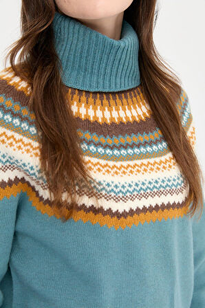 Desen Triko Kadın Tam Balıkçı Yaka Yün Kazak 22087 M. Yeşili