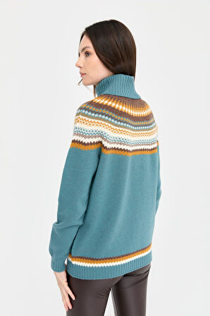 Desen Triko Kadın Tam Balıkçı Yaka Yün Kazak 22087 M. Yeşili