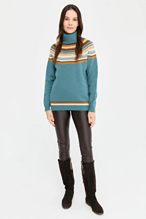 Desen Triko Kadın Tam Balıkçı Yaka Yün Kazak 22087 M. Yeşili