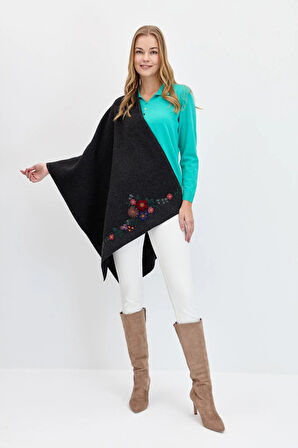 Desen Triko Kadın Çiçek İşlemeli Triko Şal 23154 K.Füme