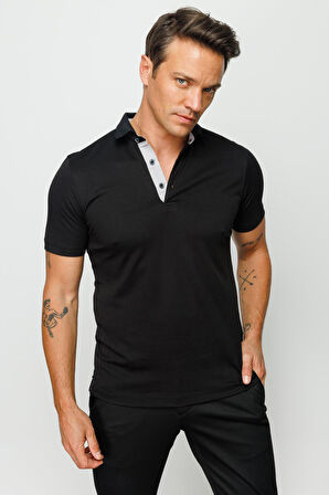 Desen Triko Erkek Polo Yaka T-Shirt 23301 Siyah
