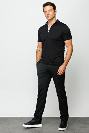 Desen Triko Erkek Polo Yaka T-Shirt 23301 Siyah