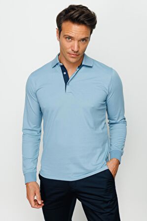 Desen Polo Yaka Standart Kalıp Mavi Erkek Sweatshirt 231960