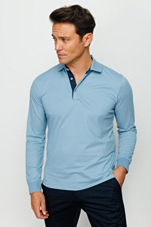 Desen Polo Yaka Standart Kalıp Mavi Erkek Sweatshirt 231960