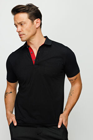 Desen Triko Erkek Polo Yaka Düğmeli Cepli T-Shirt 23201 Siyah