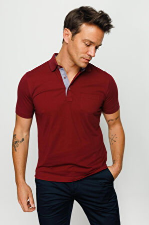 Desen Triko Erkek Polo Yaka Düğmeli Cepli T-Shirt 23201 Bordo