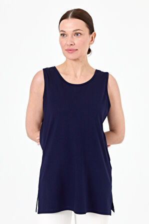 Desen Triko Kadın Askılı Penye T-Shirt 20868 Lacivert