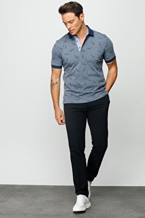 Desen Triko Erkek Polo Yaka Tüy Desenli T-Shirt 23825 Füme