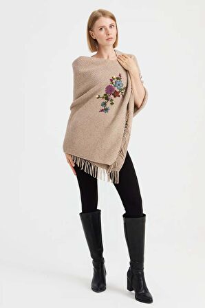 Desen Triko Kadın Triko Pirinç Örgü İşlemeli Yün Şal 23030 K. Bej