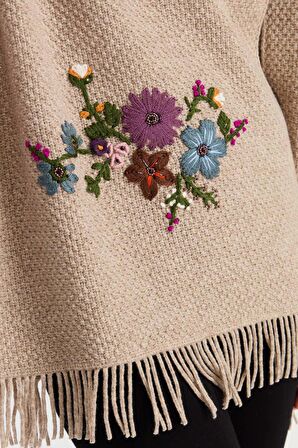 Desen Triko Kadın Triko Pirinç Örgü İşlemeli Yün Şal 23030 K. Bej