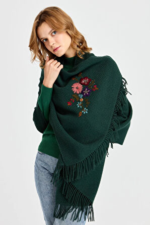 Desen Triko Kadın Triko Pirinç Örgü İşlemeli Yün Şal 23030 Yeşil