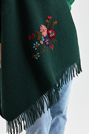 Desen Triko Kadın Triko Pirinç Örgü İşlemeli Yün Şal 23030 Yeşil