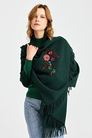 Desen Triko Kadın Triko Pirinç Örgü İşlemeli Yün Şal 23030 Yeşil