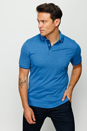 Desen Triko Erkek Polo Yaka Jakarlı T-Shirt 23801 Saks