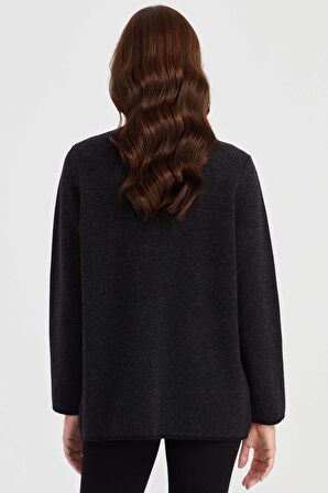 Desen Triko Kadın V Yaka Omzu ve Cebi Keçe İşlemeli Yün Ceket 23009 Siyah