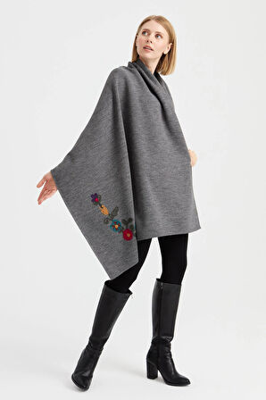 Desen Triko Kadın Köşeleri Nakış İşlemeli Şal 23022 Gri Melanj