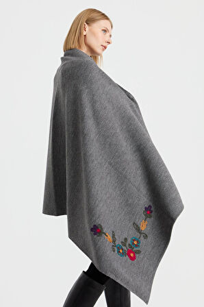 Desen Triko Kadın Köşeleri Nakış İşlemeli Şal 23022 Gri Melanj