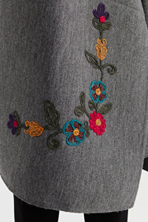 Desen Triko Kadın Köşeleri Nakış İşlemeli Şal 23022 Gri Melanj