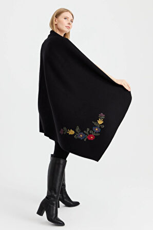 Desen Triko Kadın Köşeleri Nakış İşlemeli Şal 23022 Siyah