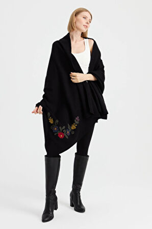 Desen Triko Kadın Köşeleri Nakış İşlemeli Şal 23022 Siyah