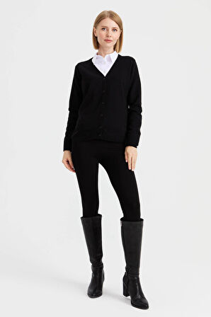 Desen Triko Kadın V Yaka Yün Hırka 21021 Siyah