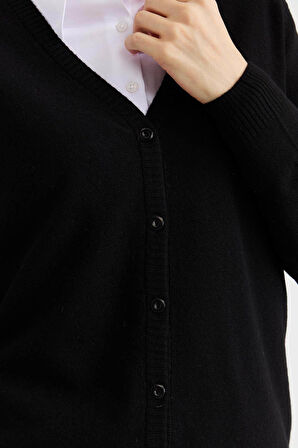 Desen Triko Kadın V Yaka Yün Hırka 21021 Siyah