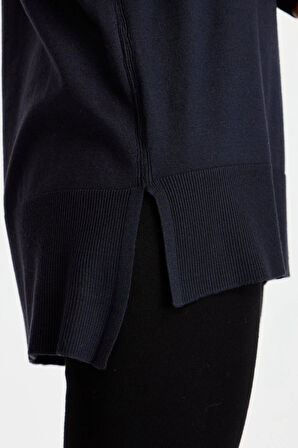 Desen Triko Kadın Yarım Balıkçı Yaka Yanları Yırtmaçlı Kazak 02422305 Lacivert