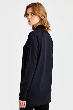 Desen Triko Kadın Yarım Balıkçı Yaka Yanları Yırtmaçlı Kazak 02422305 Lacivert