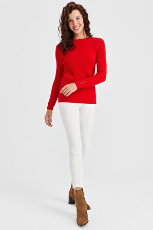 Desen Triko Kadın Sıfır Yaka Kol Ucu Düğmeli Yün Kazak 23158 Mercan