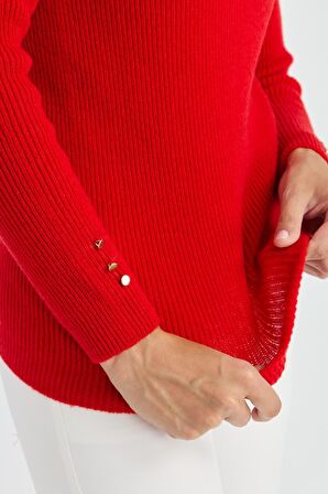 Desen Triko Kadın Sıfır Yaka Kol Ucu Düğmeli Yün Kazak 23158 Mercan