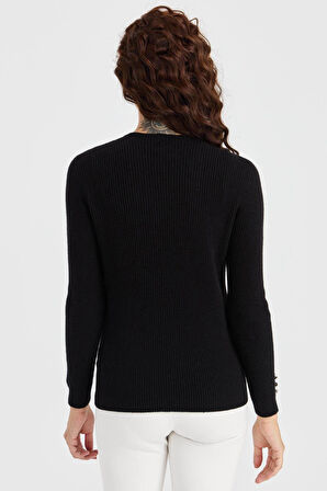 Desen Triko Kadın Sıfır Yaka Kol Ucu Düğmeli Yün Kazak 23158 Siyah