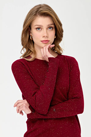 Desen Triko Kadın Sıfır Yaka Önü Kısa Arkası Uzun Bluz 23331 Vişne Çürüğü