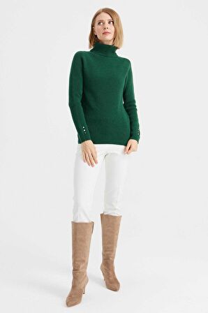 Desen Triko Kadın Tam Balıkçı Yaka Kol Ucu Düğmeli Yün Kazak 23159 A.Ö. Başı