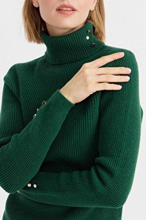 Desen Triko Kadın Tam Balıkçı Yaka Kol Ucu Düğmeli Yün Kazak 23159 A.Ö. Başı