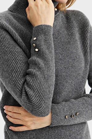 Desen Triko Kadın Tam Balıkçı Yaka Kol Ucu Düğmeli Yün Kazak 23159 Füme