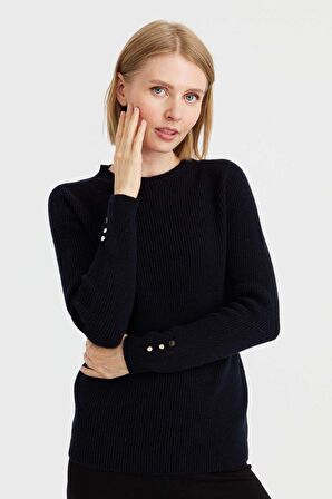 Desen Triko Kadın Sıfır Yaka Kol Ucu Düğmeli Yün Kazak 23158 Koyu Lacivert