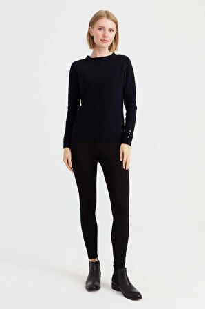 Desen Triko Kadın Sıfır Yaka Kol Ucu Düğmeli Yün Kazak 23158 Koyu Lacivert