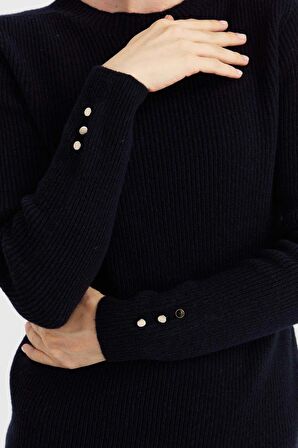 Desen Triko Kadın Sıfır Yaka Kol Ucu Düğmeli Yün Kazak 23158 Koyu Lacivert